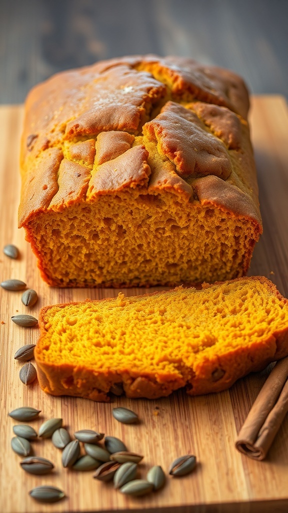 Easy Pumpkin Bread Recipe A loaf of golden pumpkin bread sliced on a wooden board, with pumpkin seeds and cinnamon sticks around it.